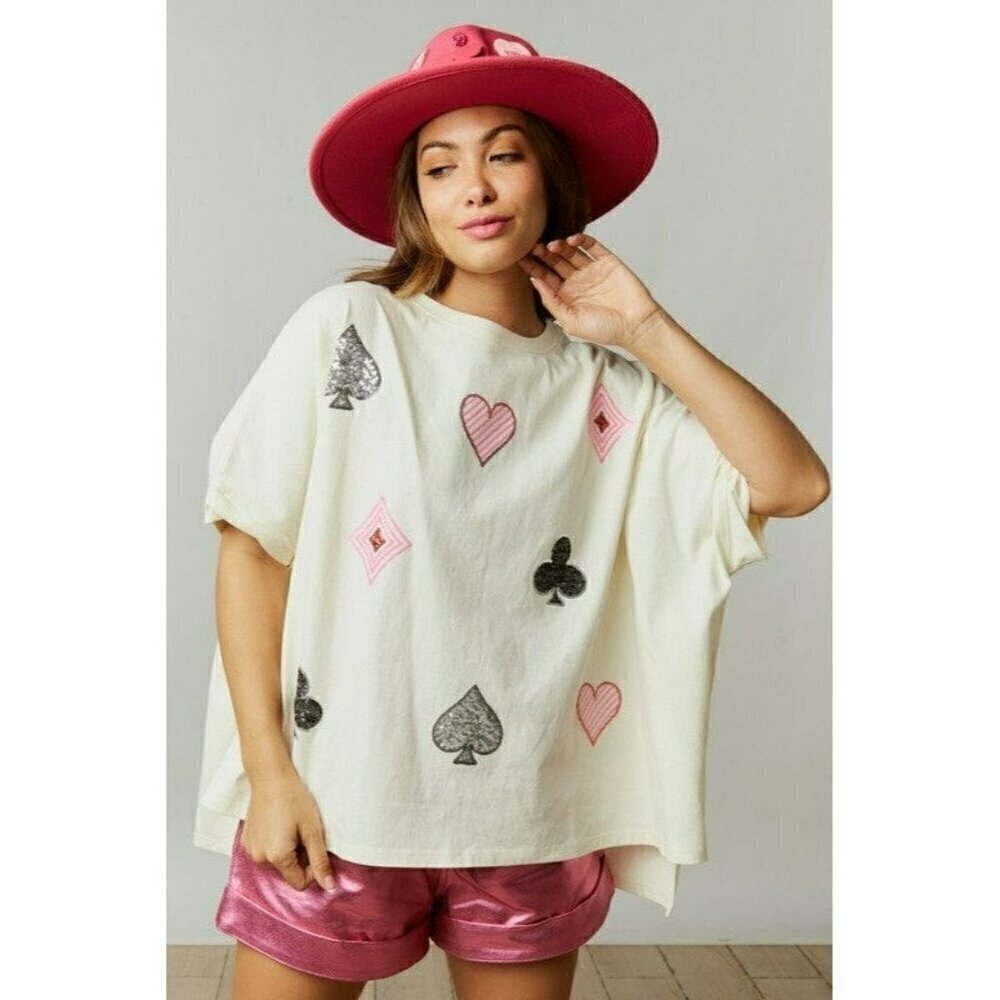 Poker Face Oversized Sequin Top in Cream